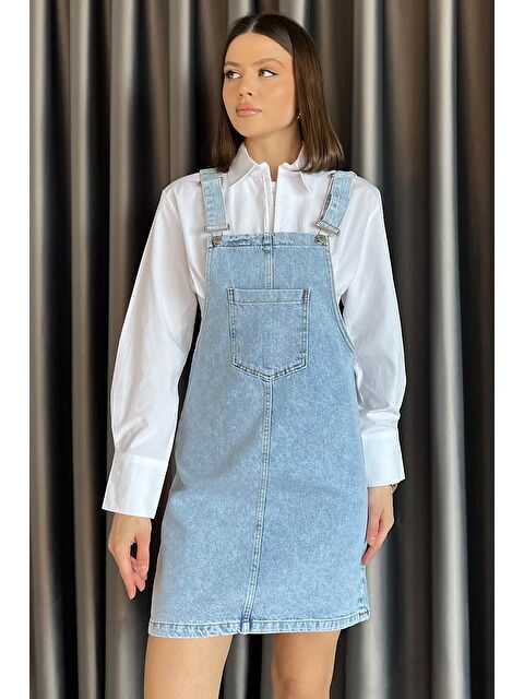 Gülseli Kadın Ön Cep Detaylı Jean Jean Salopet Elbise - S000386537-3642