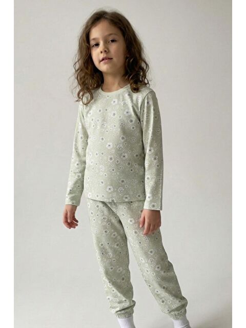 Breeze Kız Çocuk Pijama Takımı Çiçek Desenli Su Yeşili (4-8 Yaş) - S000527075-20054