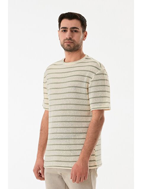 Fullamoda Çizgili Ajurlu Bisiklet Yaka Triko Tişört - S000380556-20054