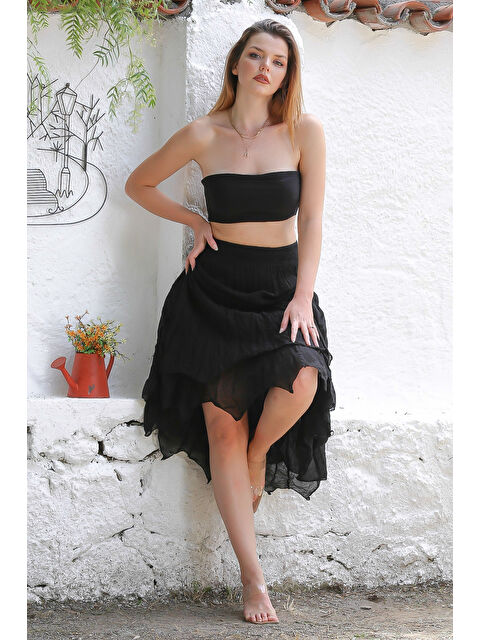 Chiccy Organik Pamuk Siyah Astarlı Dokuma Asimetrik Lastikli Bel Casual Etek - S000359001-19351