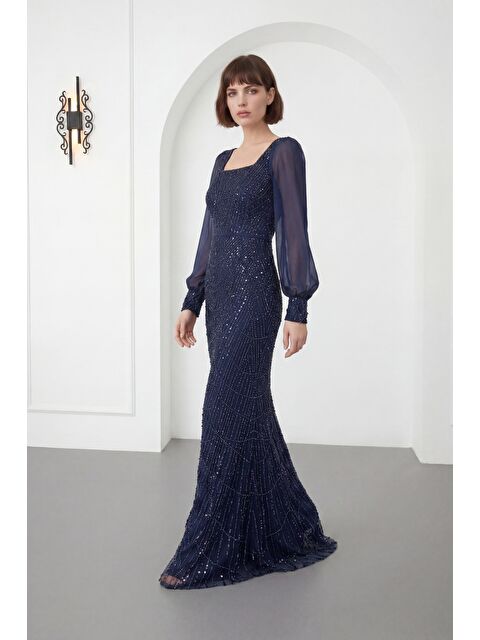 Lafaba Kadın Lacivert Kare Yaka Uzun Kollu Boncuklu Abiye Elbise