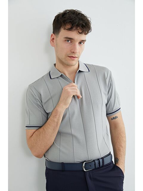 Fullamoda Yarım Fermuarlı Çizgili Triko Tişört - S000522406-20600