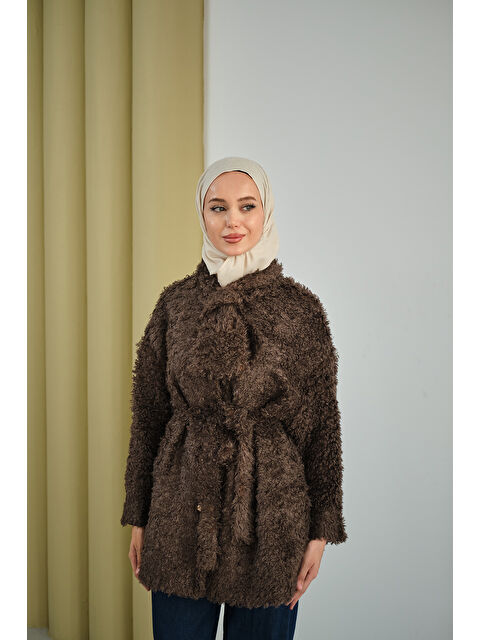 Locco Moda Kadın Yaka Bağlamalı Pelüş Hırka Kahverengi - S000492482-19413