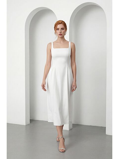 Lafaba Kadın Beyaz Askılı Kare Yaka Midi Davet Elbisesi