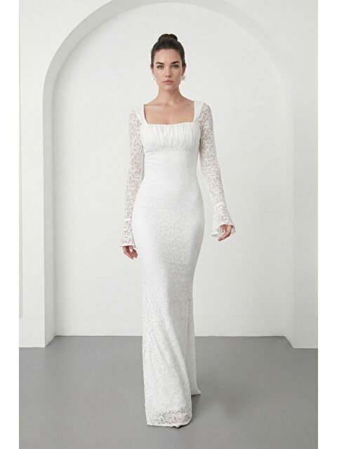 Lafaba Kadın Beyaz Uzun Kol Dantelli Davet Elbisesi