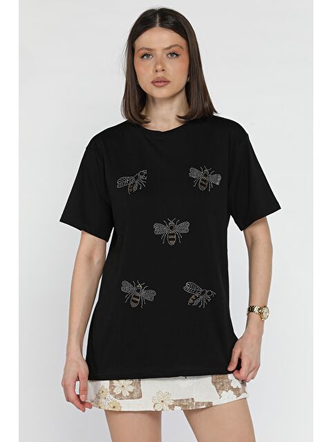 Gülseli Taş İşlemeli Bisiklet Yaka Tişört - S000379992-19351