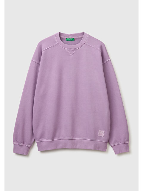 United Colors Of Benetton Erkek Mor  Pamuk Karışımlı Logo Detaylı Yuvarlak Yaka Sweatshirt