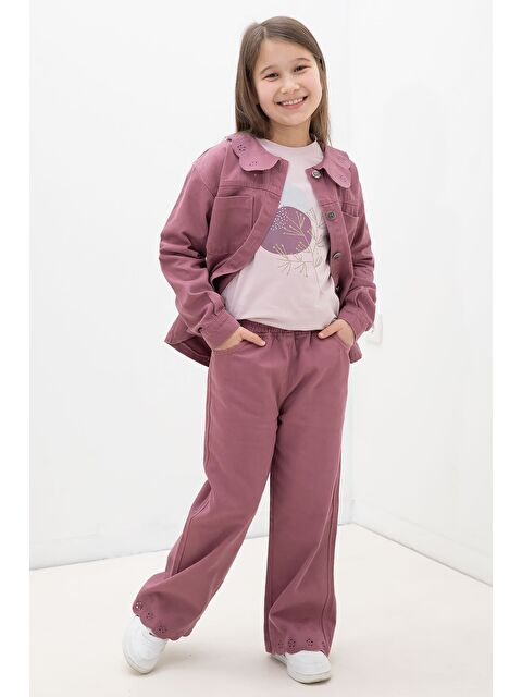 Cansın Mini Gül Kurusu Çiçek Yaka Detaylı Ceketli Kız Çocuk Pantolonlu 3lü Takım 23633 - S000518917-20028