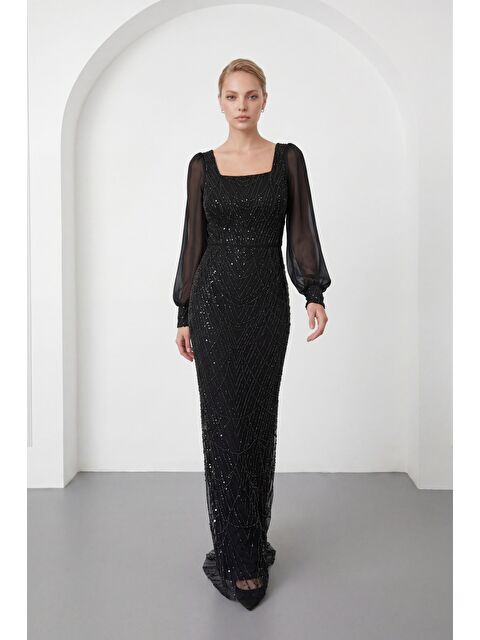 Lafaba Kadın Siyah Kare Yaka Uzun Kollu Boncuklu Abiye Elbise