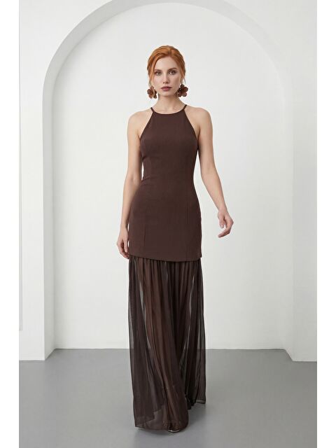 Lafaba Kadın Kahverengi Halter Yaka Uzun Mezuniyet Elbisesi