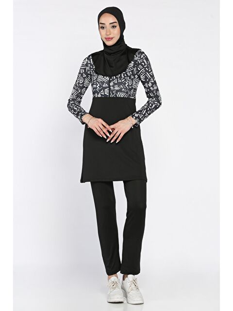 Julude Kadın Desenli Tam Kapalı Tunik Büstiyer Pantolon Bone 4'lü Tesettür Mayo - S000399814-19351