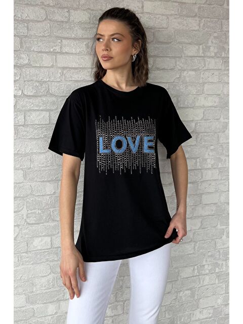 Gülseli Love Taşlı Bisiklet Yaka Kadın Tişört - S000379901-19351