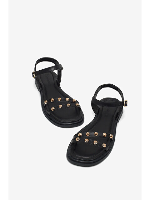 TONNY BLACK Kadın Siyah Rahat Kalıp Çift Bantlı Tokalı Taşlı Sandalet