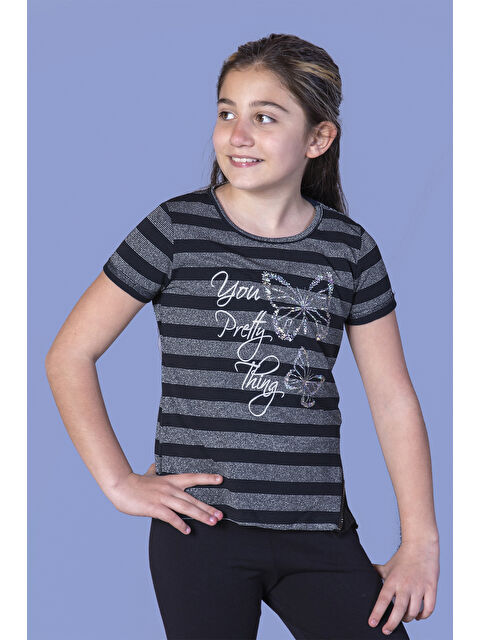 Toontoykids Kız Çocuk Çizgili Kelebek Baskılı Tişört