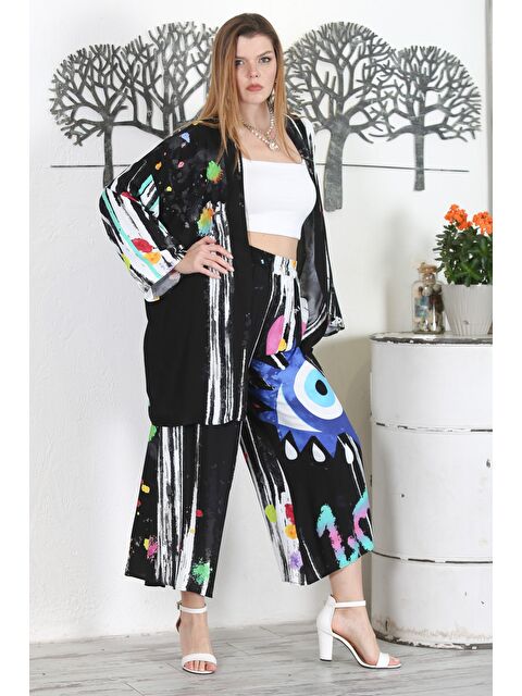 Chiccy Siyah Kimono Yaka Uzun Kol Allover Baskılı Lastikli Bel Geniş Paça Casual Dokuma Takım