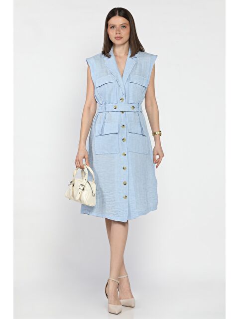 Gülseli Kadın Kruvaze Yaka Kuşak Detaylı Boydan Düğmeli Elbise - S000386541-17437