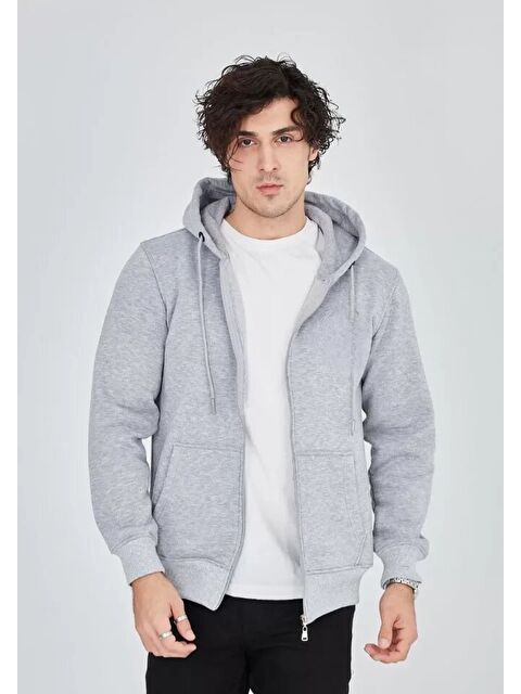 Jane's Unisex Tam Fermuarlı Kapşonlu  Sweatshirt - Gri