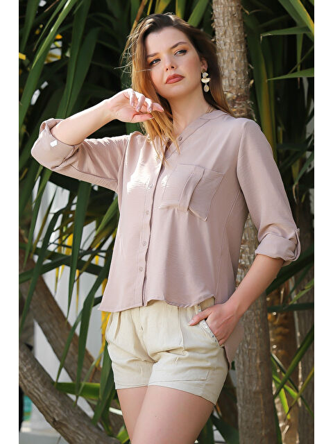 Chiccy Vizon Hakim Yaka Düğmeli Uzun Kollu Cepli Arkası Uzun Dokuma Casual Gömlek - S000468807-26429