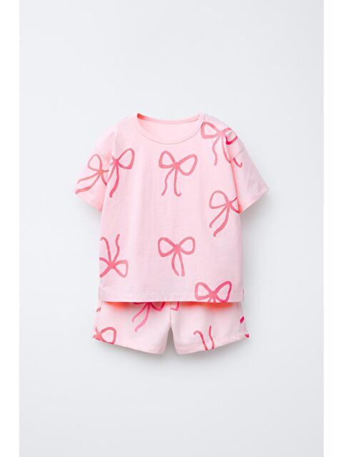 Magu Kız Çocuk Pamuklu Pembe Fiyonk Desenli T-Shirt Şort Takım - S000518920-20024