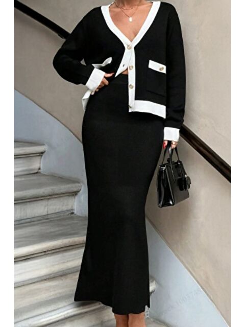 Gülseli Kadın V Yaka Gold Düğme Detaylı Triko Hırka Etek İkili Takım - S000470248-19351