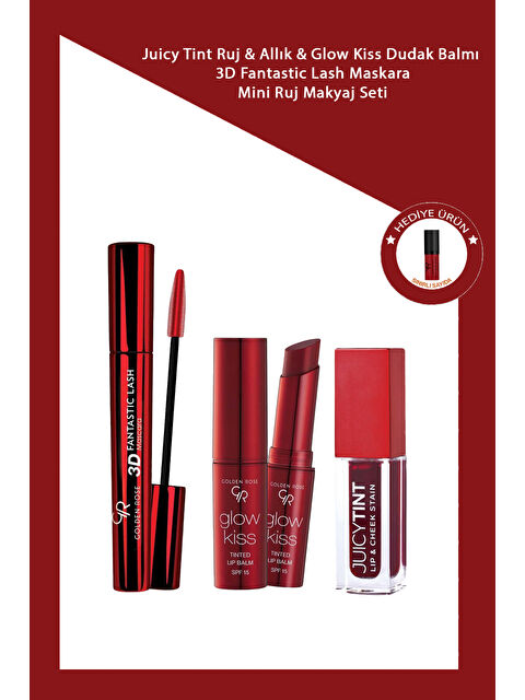 GOLDEN ROSE Juicy Tint Ruj & Allık & Glow Kiss Dudak Balmı + 3D Fantastic Lash Maskara + Mini Ruj Makyaj Seti