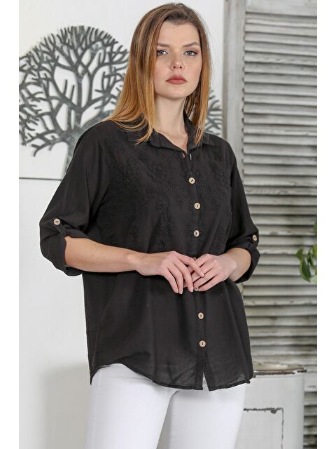 Chiccy Organik Sertifikalı Pamuk Siyah Gömlek Yaka Düğmeli Uzun Kollu Nakışlı Dokuma Casual Gömlek - S000468808-19351
