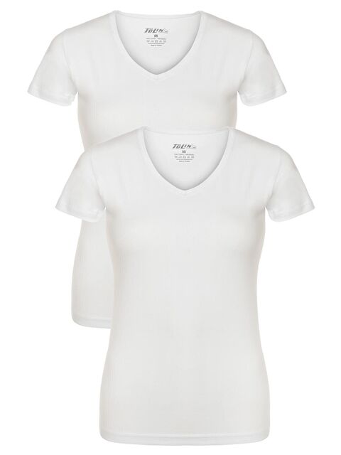 Tolin V Yaka Kısa Kollu Kadın Pamuklu Beyaz Fanila 2'li 3227B - S000074826-20063