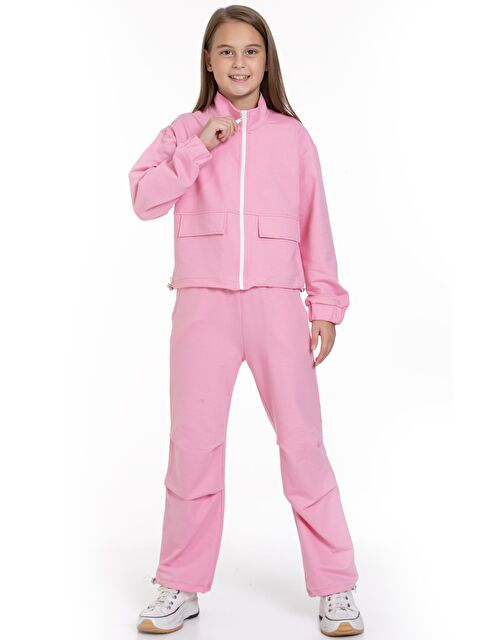 Zepkids Fermuarlı Beli ve Paçası Büzgülü Lastik Detaylı Koyu Pembe Renk Kız Çocuk Eşofman Takım - S000356384-20022