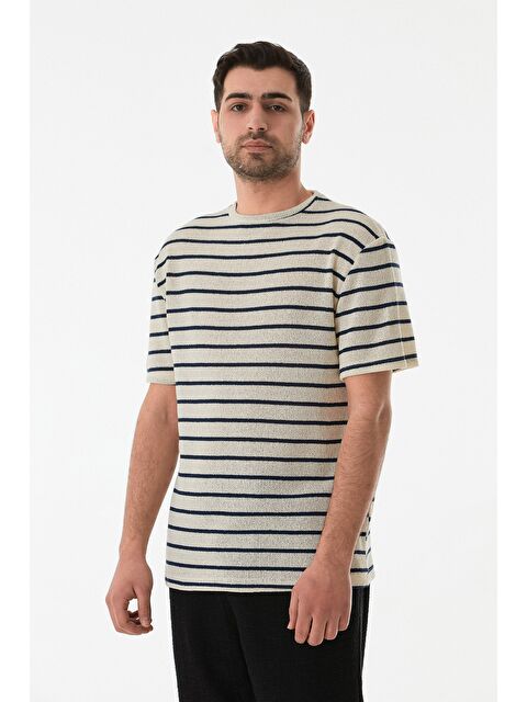 Fullamoda Çizgili Ajurlu Bisiklet Yaka Triko Tişört - S000380556-21164