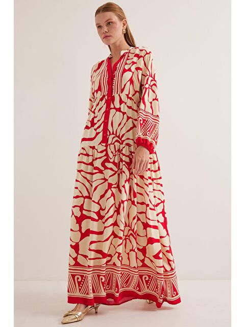 Bigdart Kadın Kırmızı Bej Viskon Tesettür Elbise 2423 - S000089420-37331