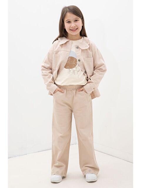 Cansın Mini Bej Çiçek Yaka Detaylı Ceketli Kız Çocuk Pantolonlu 3lü Takım 23632 - S000518917-19928