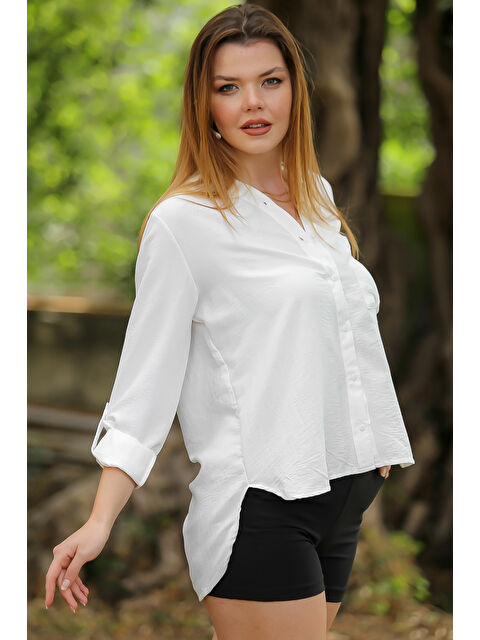 Chiccy Beyaz Hakim Yaka Düğmeli Uzun Kollu Cepli Arkası Uzun Dokuma Casual Gömlek - S000468807-20063