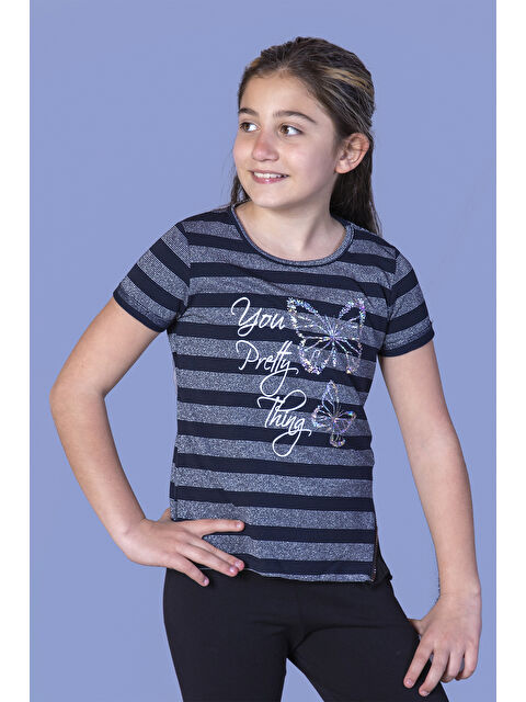 Toontoykids Kız Çocuk Çizgili Kelebek Baskılı Tişört