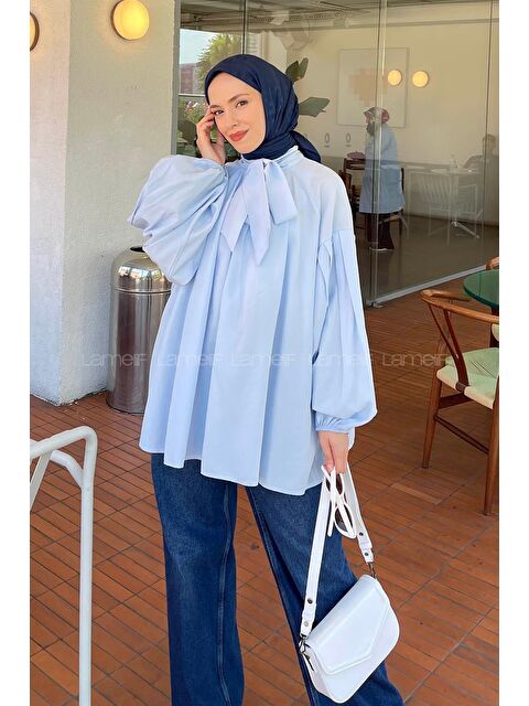 Lamelif Yaka Fular Detaylı Gömlek Bebe Mavisi - S000522619-3642