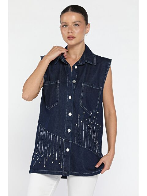 Gülseli Kadın Çift Cepli Taş İşlemeli Jean Yelek - S000445274-21164