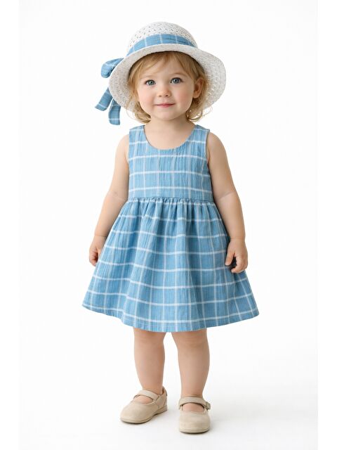 Chicsy Baby Tatlı Kız Bebek Ekose Tarz Elbise Şapkalı Fiyonk Detaylı Yazlık 2’li Kombin