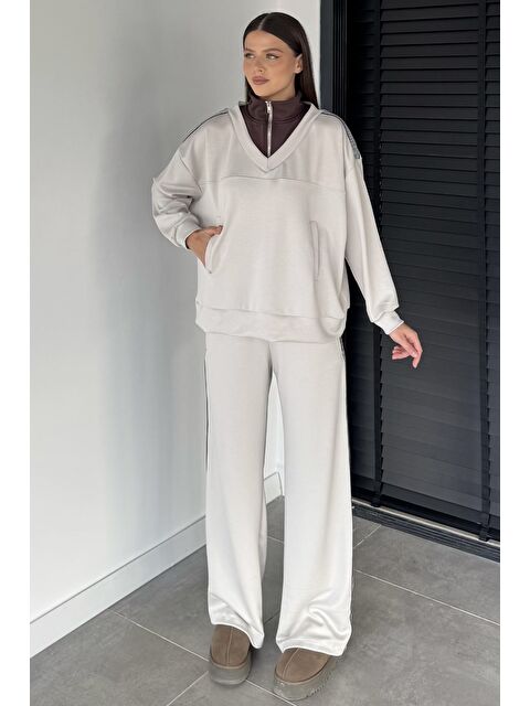 Gülseli Kadın Dik Yaka Yarım Fermuarlı Sweat Bel Lastikli Palazzo Pantolon İkili Takım - S000470254-25636