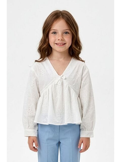 Fullamoda Brode Detaylı V Yaka Kız Çocuk Bluz