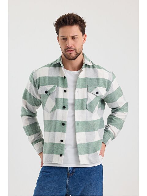 Tarz Cool Erkek Slim Fit Gömlek Yaka Düğmeli Çift Cep Kapaklı Oduncu Ekose Gömlek - S000336135-20054