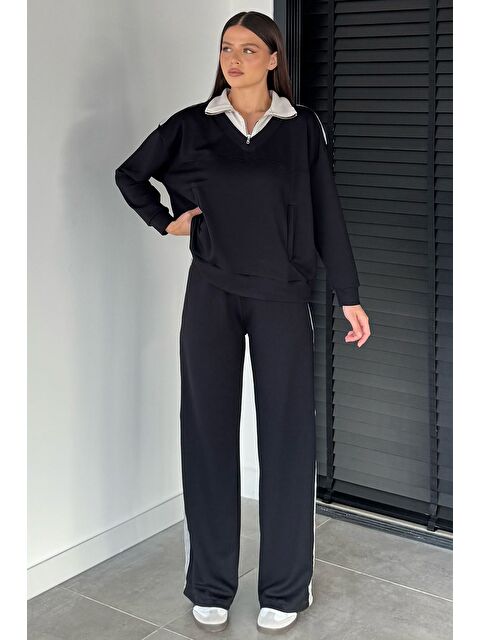 Gülseli Kadın Dik Yaka Yarım Fermuarlı Sweat Bel Lastikli Palazzo Pantolon İkili Takım - S000470254-19351