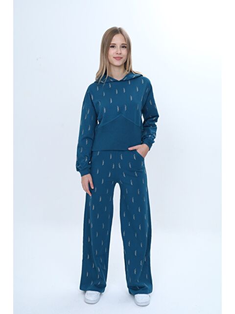 Toontoykids Kız Çocuk 2'li Takım Taş İşlemeli Kapüşonlu Sweatshirt & Beli Lastikli Bol Paça Cepli Eşofman Altı - S000497574-37399