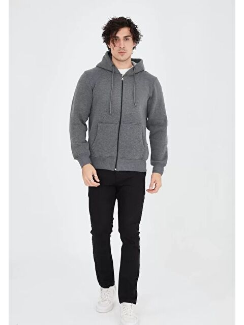 Jane's Unisex Tam Fermuarlı Kapşonlu  Sweatshirt - Füme