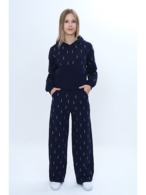 Toontoykids Kız Çocuk 2'li Takım Taş İşlemeli Kapüşonlu Sweatshirt & Beli Lastikli Bol Paça Cepli Eşofman Altı - S000497574-21164