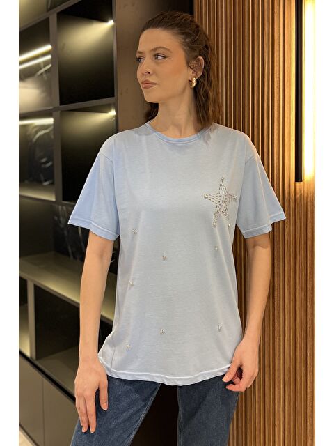 Gülseli Yıldız Taşlı Bisiklet Yaka Kadın Tişört - S000379925-17437