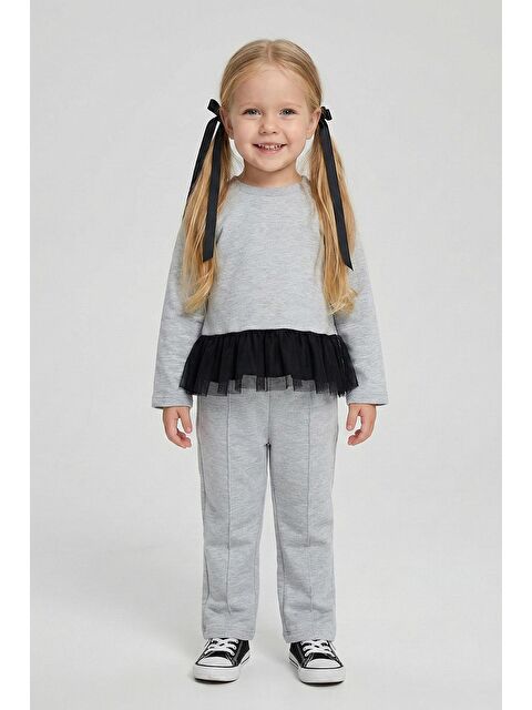 Luess Kız Çocuk %100 Pamuklu Tül Detaylı Düğmeli Gri Alt Üst Takım - S000497575-37287