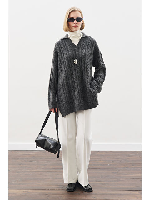 Manuka Yakalı Saç Örgü Kazak Antrasit - S000469354-29666