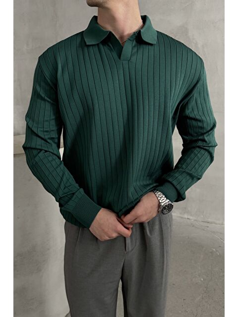 HYMAN Erkek Polo Yaka Fitilli Oversize Triko Kazak - S000515526-37401