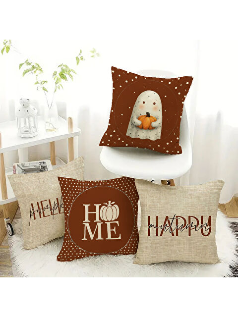 Evmila Çift Taraf Baskılı Kadife Doku Sonbahar Desenli 4'lü Kırlent Seti - S000435763-23173