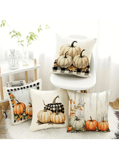 Evmila Çift Taraf Baskılı Kadife Doku Sonbahar Ve Kabak Desenli 4'lü Kırlent Seti - S000435764-23173