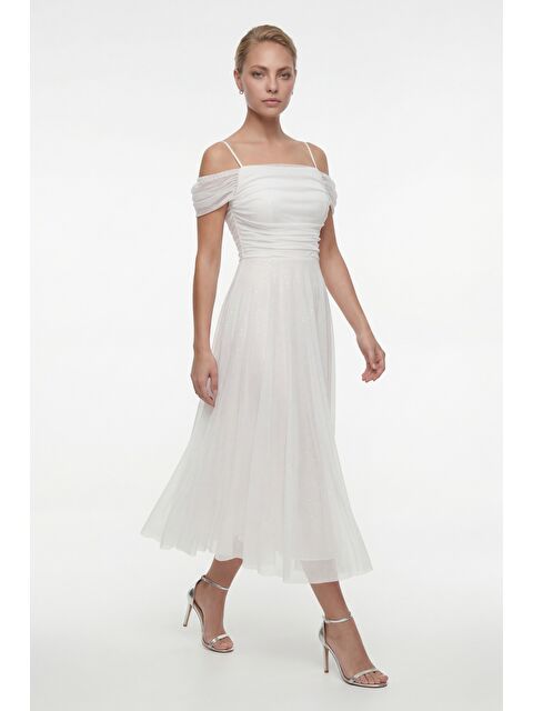 Lafaba Kadın Beyaz İnce Askılı Simli Midi Söz Nişan Nikah Abiye Elbise